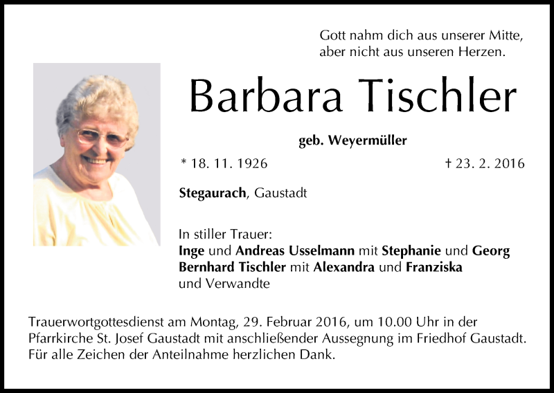  Traueranzeige für Barbara Tischler vom 25.02.2016 aus MGO
