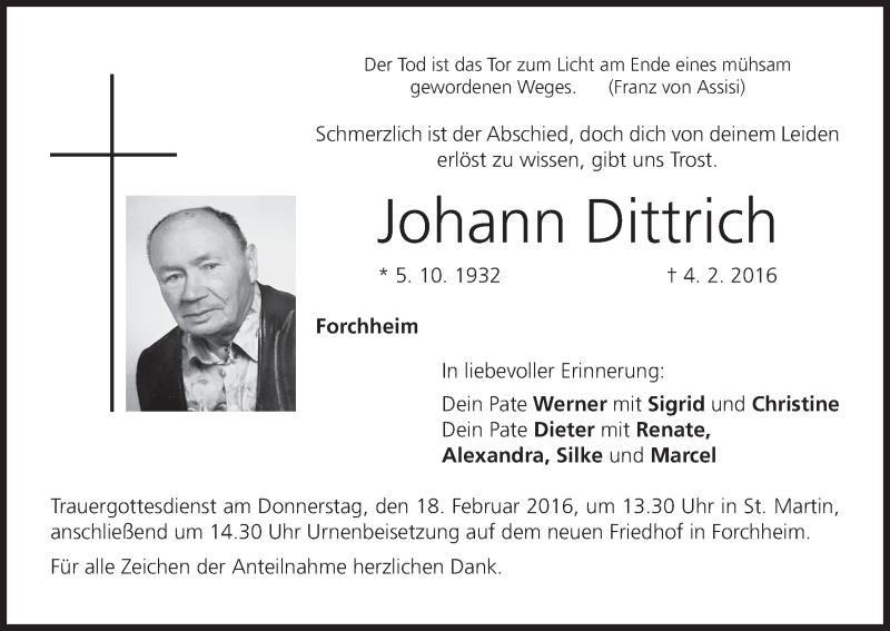  Traueranzeige für Johann Dittrich vom 13.02.2016 aus MGO