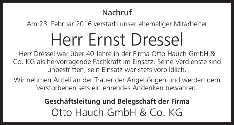  Traueranzeige für Ernst Dressel vom 26.02.2016 aus MGO