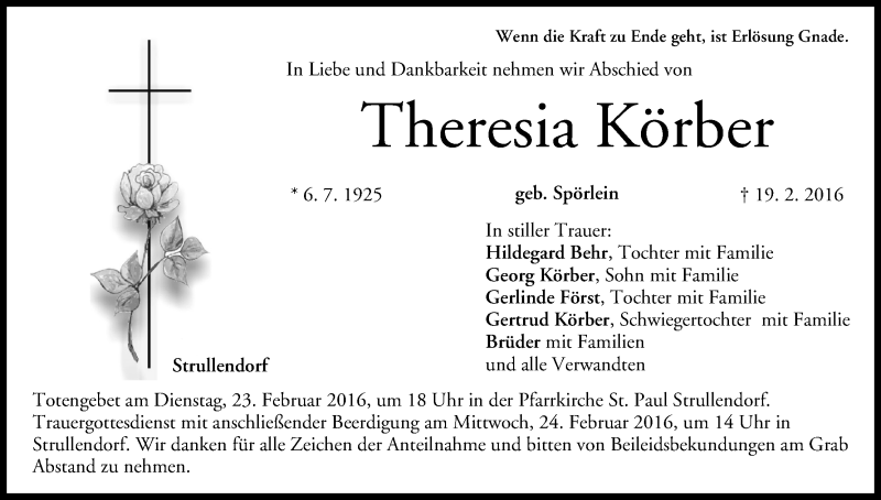  Traueranzeige für Theresia Körber vom 22.02.2016 aus MGO
