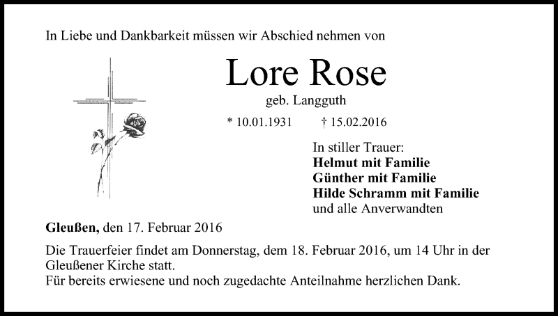  Traueranzeige für Lore Rose vom 17.02.2016 aus MGO