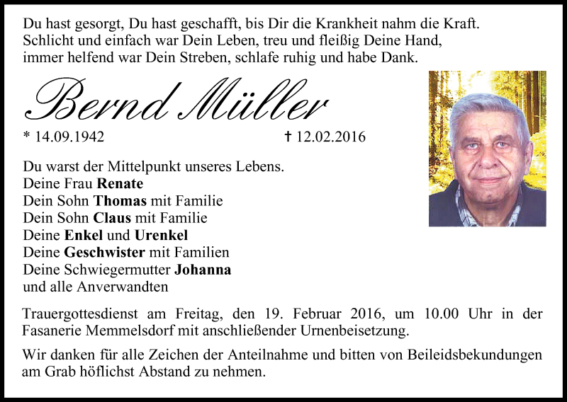  Traueranzeige für Bernd Müller vom 17.02.2016 aus MGO