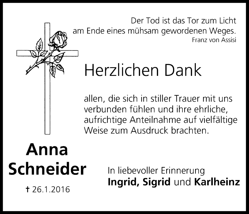  Traueranzeige für Anna Schneider vom 15.02.2016 aus MGO