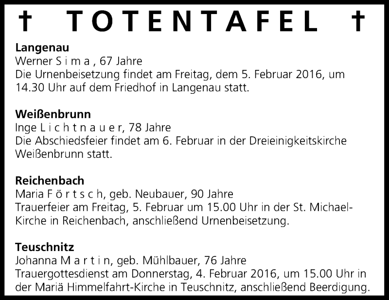  Traueranzeige für Totentafel vom 04.02.2016 vom 04.02.2016 aus MGO