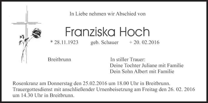  Traueranzeige für Franziska Hoch vom 23.02.2016 aus MGO