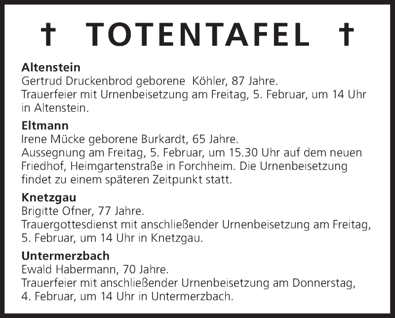  Traueranzeige für Totentafel vom 03.02.2016 vom 03.02.2016 aus MGO