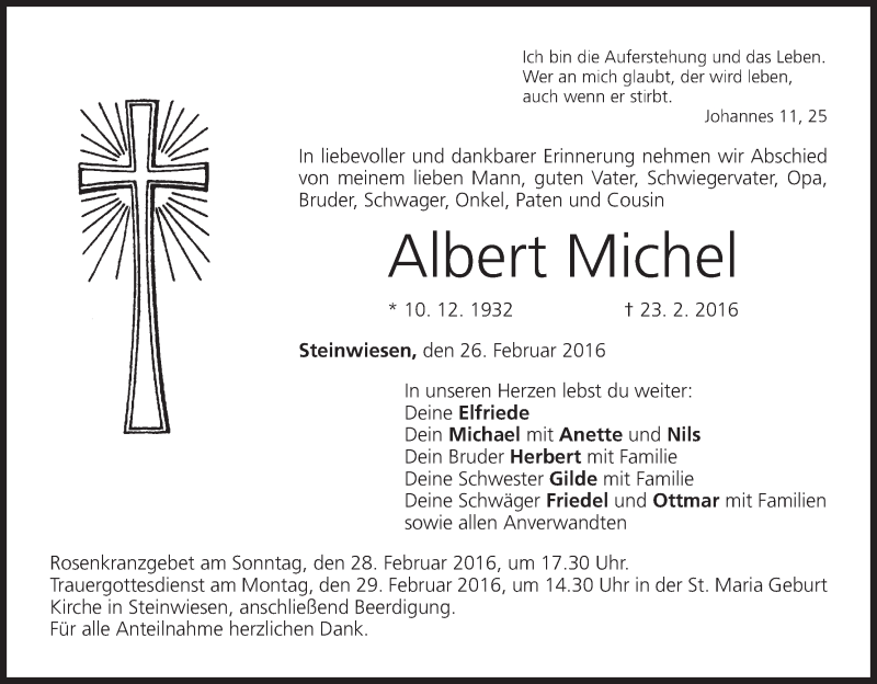  Traueranzeige für Albert Michel vom 26.02.2016 aus MGO