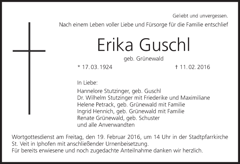  Traueranzeige für Erika Guschl vom 16.02.2016 aus MGO
