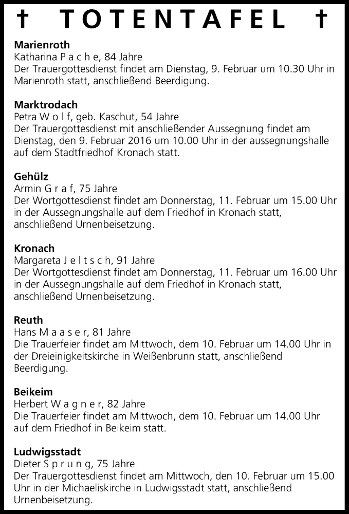  Traueranzeige für Totentafel vom 09.02.2016 vom 09.02.2016 aus MGO