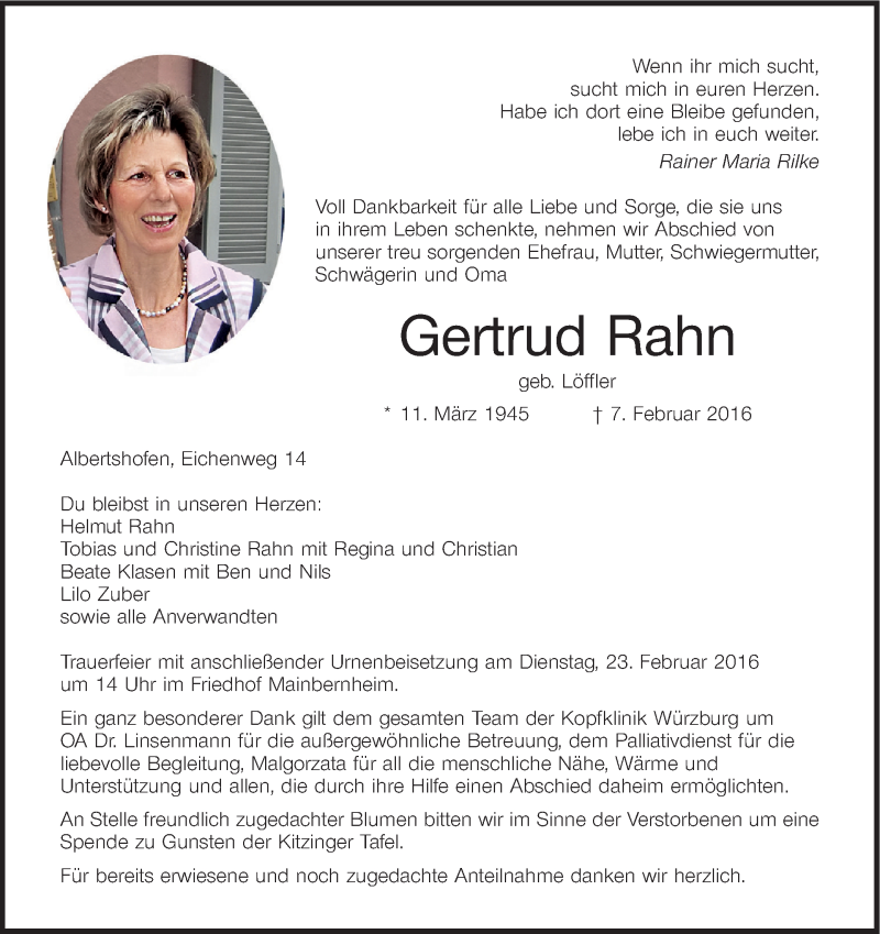  Traueranzeige für Gertrud Rahn vom 13.02.2016 aus MGO