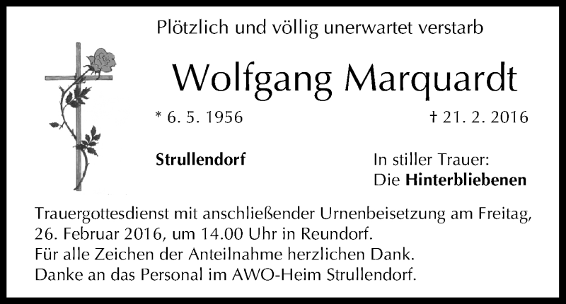  Traueranzeige für Wolfgang Marquardt vom 24.02.2016 aus MGO