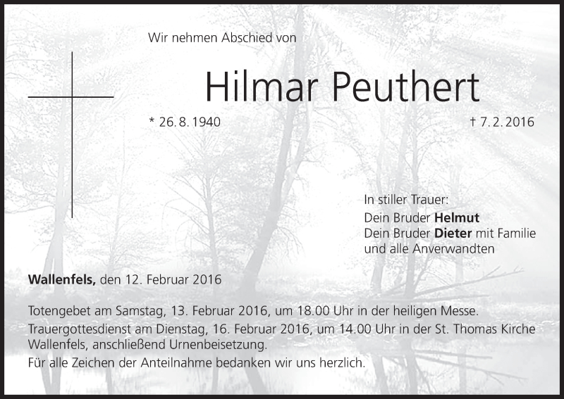  Traueranzeige für Hilmar Peuthert vom 12.02.2016 aus MGO