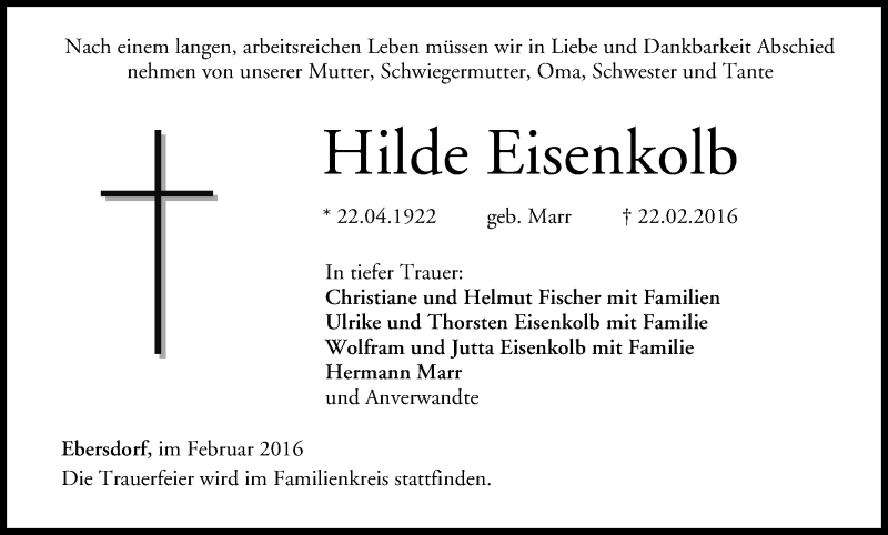  Traueranzeige für Hilde Eisenkolb vom 27.02.2016 aus MGO