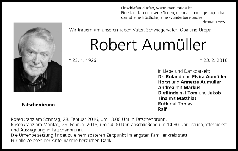  Traueranzeige für Robert Aumüller vom 27.02.2016 aus MGO