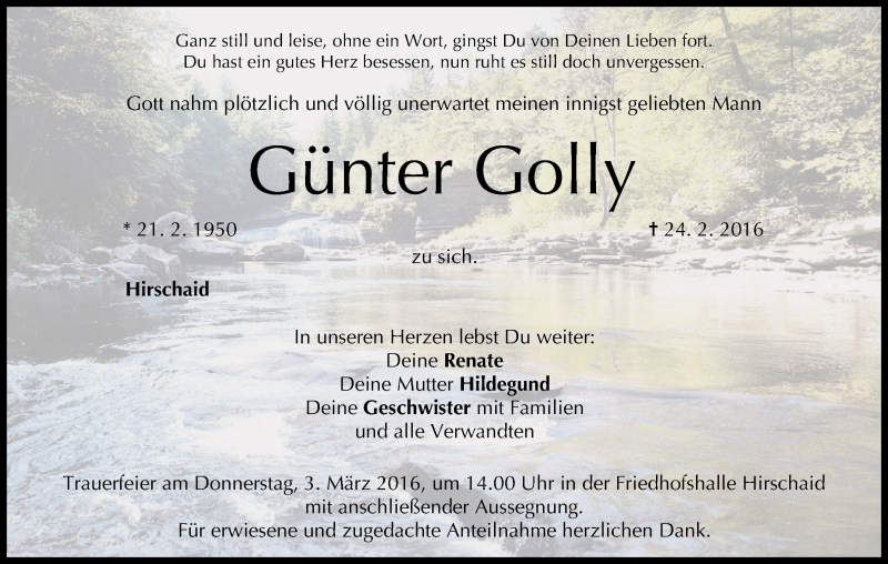  Traueranzeige für Günter Golly vom 29.02.2016 aus MGO