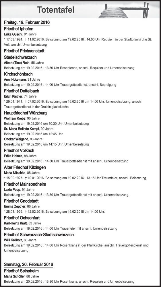  Traueranzeige für Totentafel vom 19.02.2016 vom 19.02.2016 aus MGO