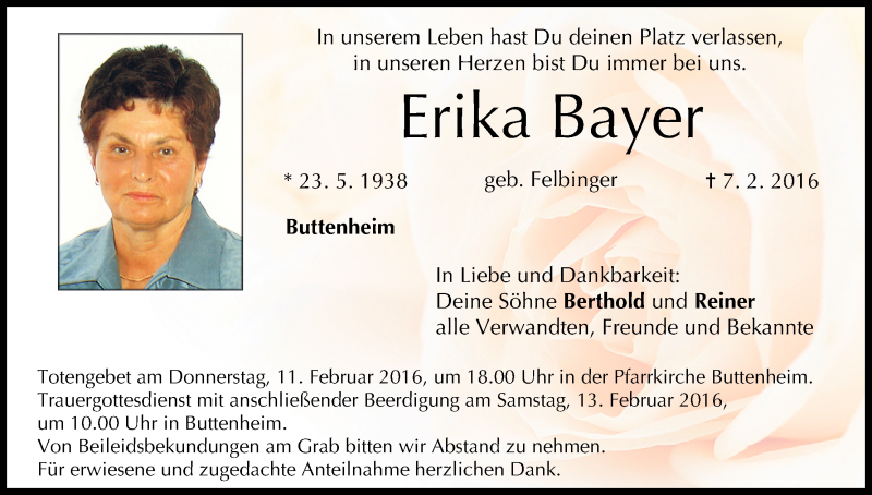  Traueranzeige für Erika Bayer vom 10.02.2016 aus MGO