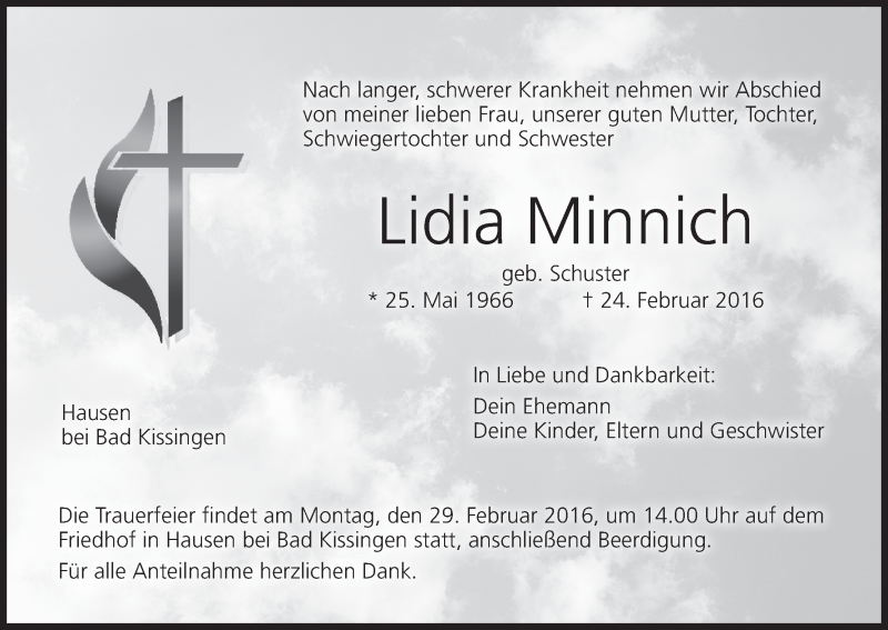  Traueranzeige für Lidia Minnich vom 27.02.2016 aus MGO