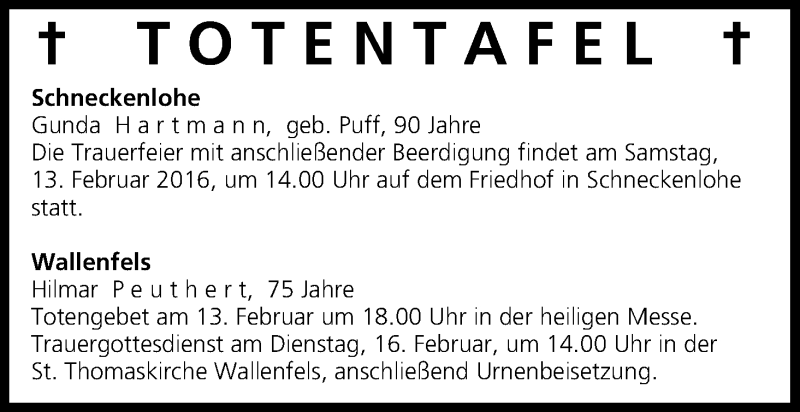  Traueranzeige für Totentafel vom 13.02.2016 vom 13.02.2016 aus MGO