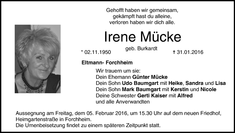  Traueranzeige für Irene Mücke vom 02.02.2016 aus MGO