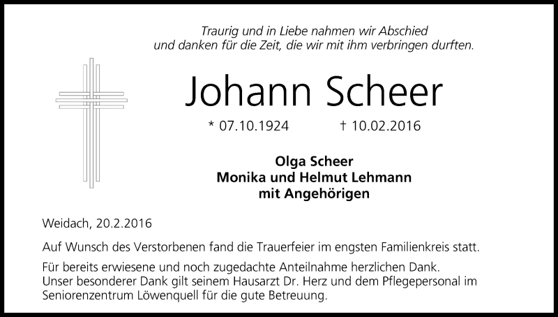  Traueranzeige für Johann Scheer vom 20.02.2016 aus MGO