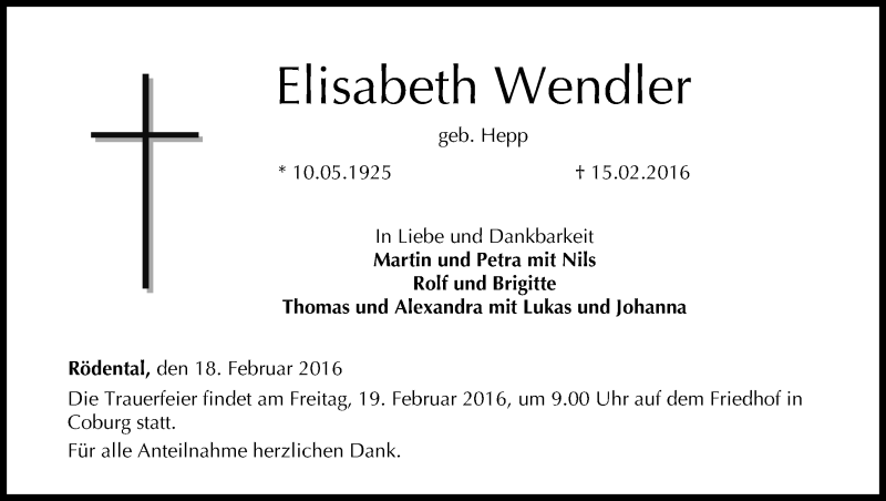  Traueranzeige für Elisabeth Wendler vom 18.02.2016 aus MGO