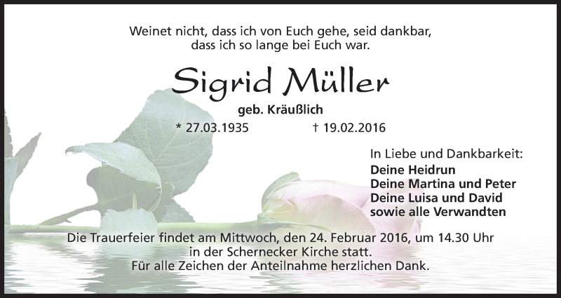  Traueranzeige für Sigrid Müller vom 23.02.2016 aus MGO