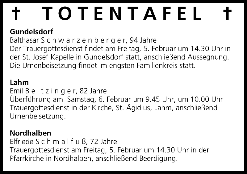  Traueranzeige für Totentafel vom 05.02.2016 vom 05.02.2016 aus MGO