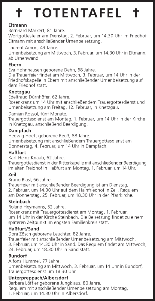  Traueranzeige für Totentafel vom 01.02.2016 vom 01.02.2016 aus MGO