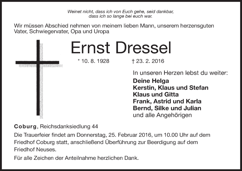  Traueranzeige für Ernst Dressel vom 24.02.2016 aus MGO