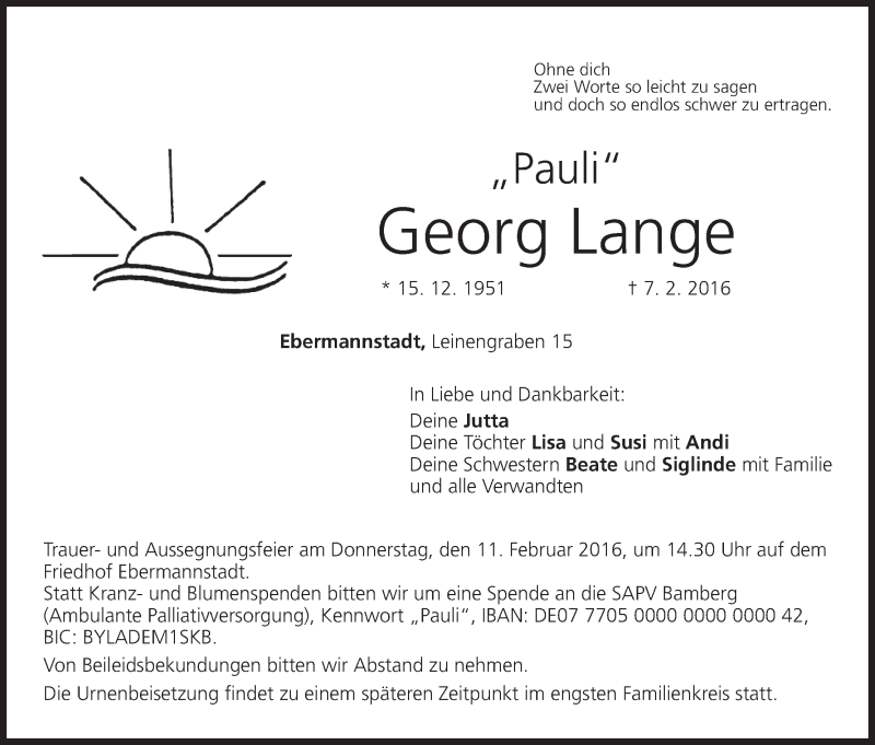  Traueranzeige für Georg Lange vom 10.02.2016 aus MGO