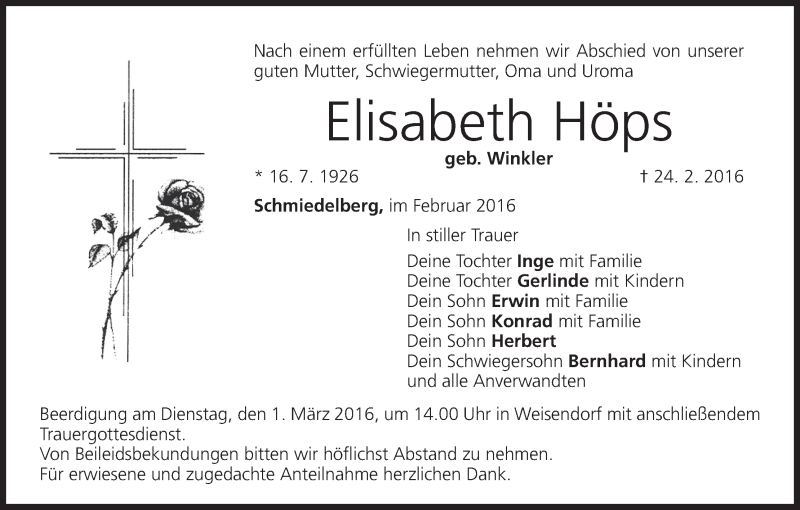  Traueranzeige für Elisabeth Bernhard Höps vom 27.02.2016 aus MGO