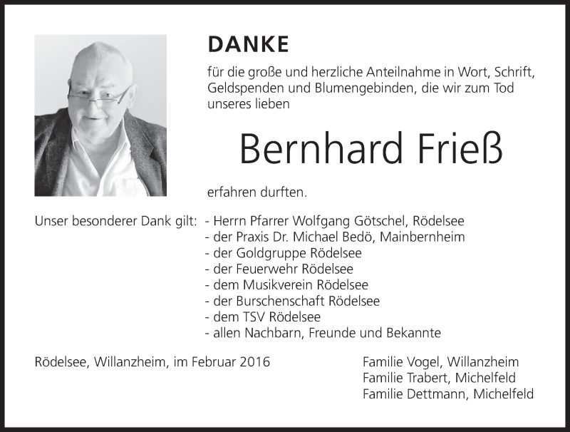  Traueranzeige für Bernhard Frieß vom 13.02.2016 aus MGO