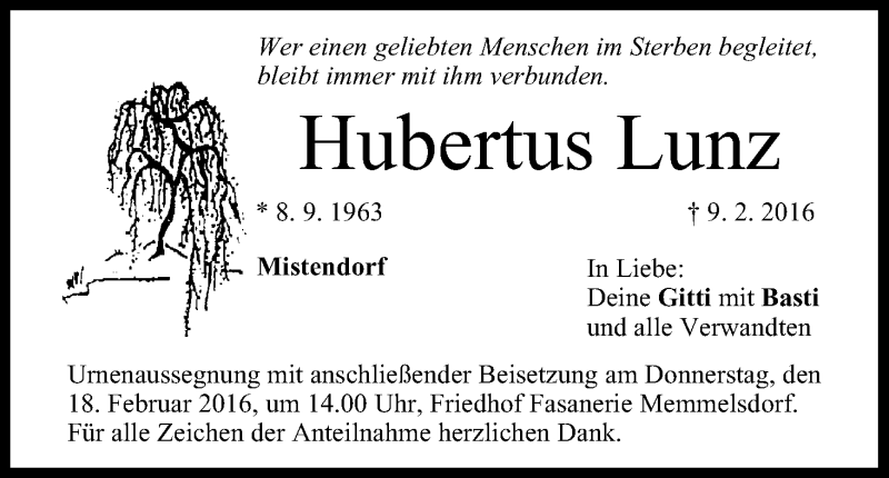  Traueranzeige für Hubertus Lunz vom 13.02.2016 aus MGO