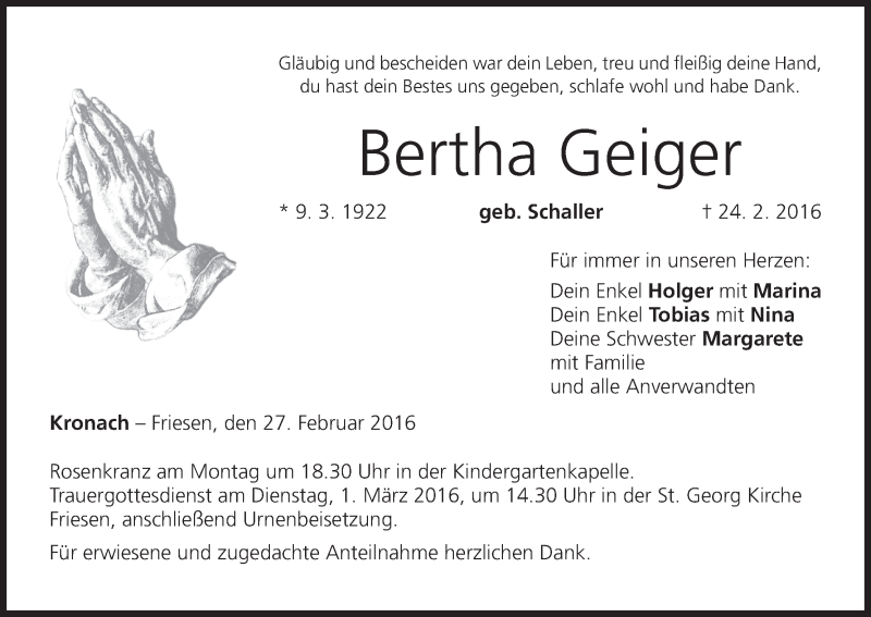  Traueranzeige für Bertha Geiger vom 27.02.2016 aus MGO