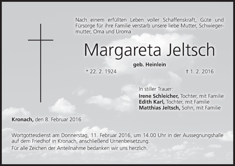  Traueranzeige für Margareta Jeltsch vom 08.02.2016 aus MGO