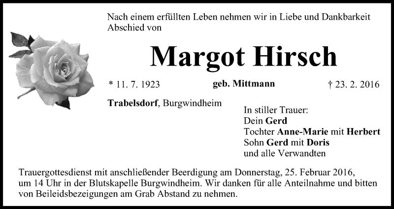  Traueranzeige für Margot Hirsch vom 24.02.2016 aus MGO