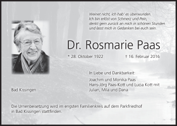 Anzeige von Rosmarie Paas von MGO
