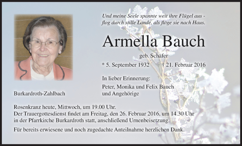  Traueranzeige für Armella Bauch vom 24.02.2016 aus MGO