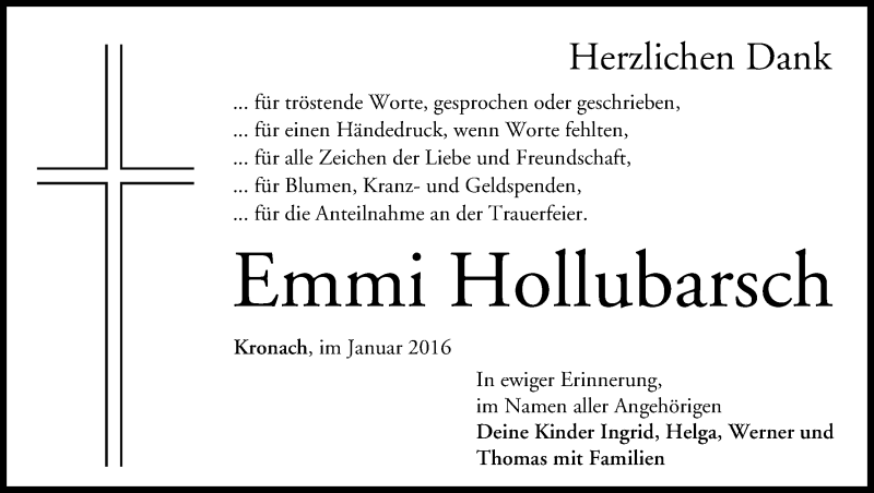  Traueranzeige für Emmi Hollubarsch vom 06.02.2016 aus MGO