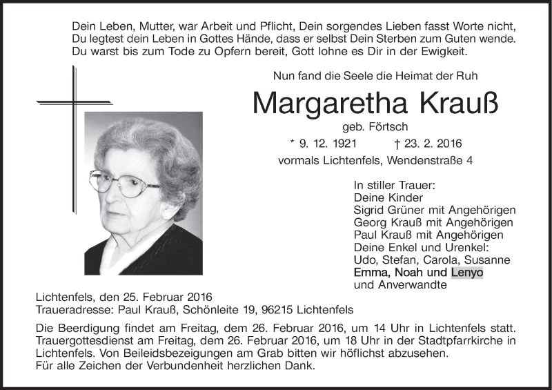  Traueranzeige für Margaretha Krauß vom 25.02.2016 aus MGO