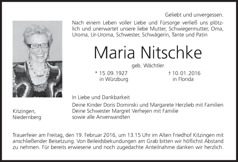  Traueranzeige für Maria Nitschke vom 16.02.2016 aus MGO