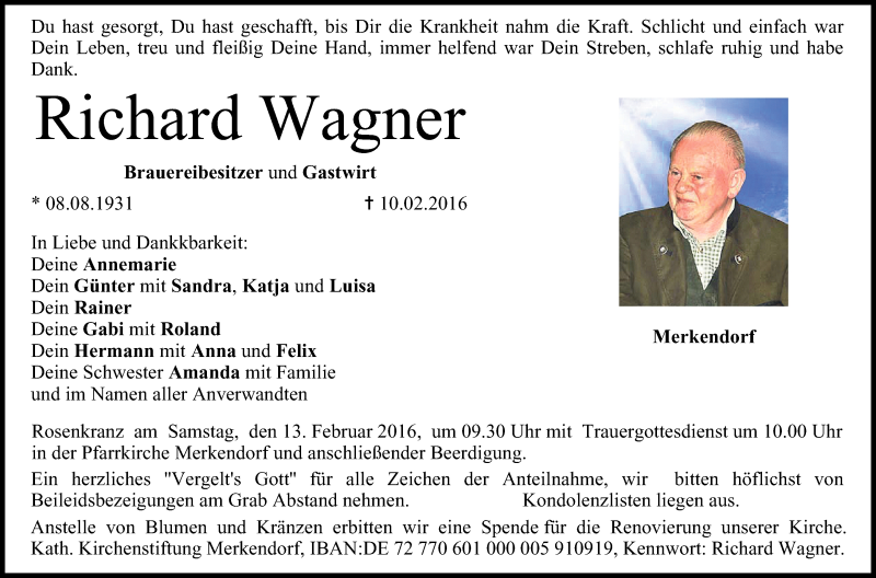 Traueranzeige für Richard Wagner vom 12.02.2016 aus MGO
