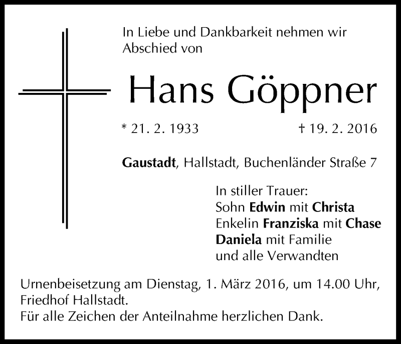  Traueranzeige für Hans Göppner vom 25.02.2016 aus MGO