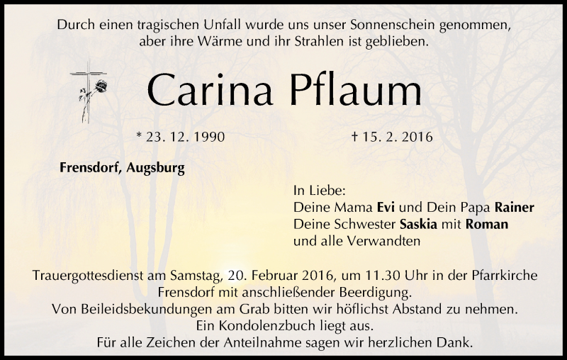  Traueranzeige für Carina Pflaum vom 18.02.2016 aus MGO