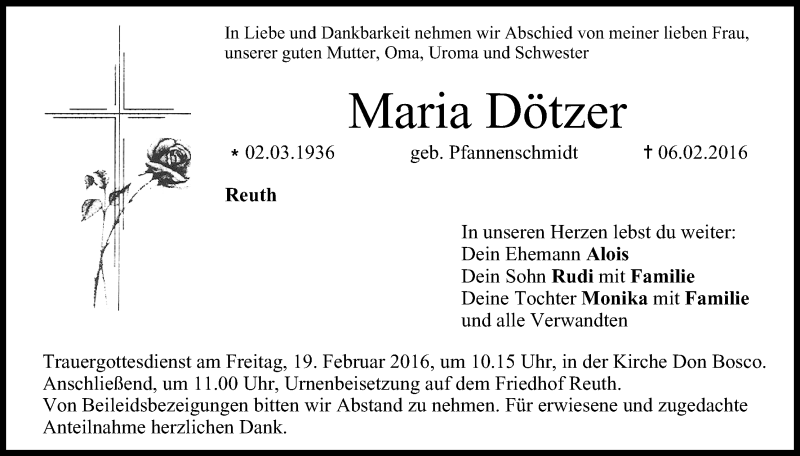  Traueranzeige für Maria Dötzer vom 17.02.2016 aus MGO