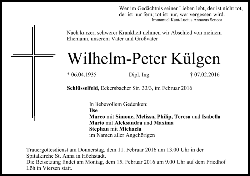  Traueranzeige für Wilhelm-Peter Külgen vom 10.02.2016 aus MGO