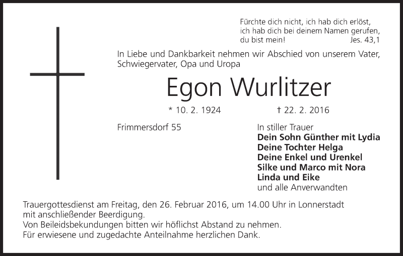  Traueranzeige für Egon Wurlitzer vom 25.02.2016 aus MGO