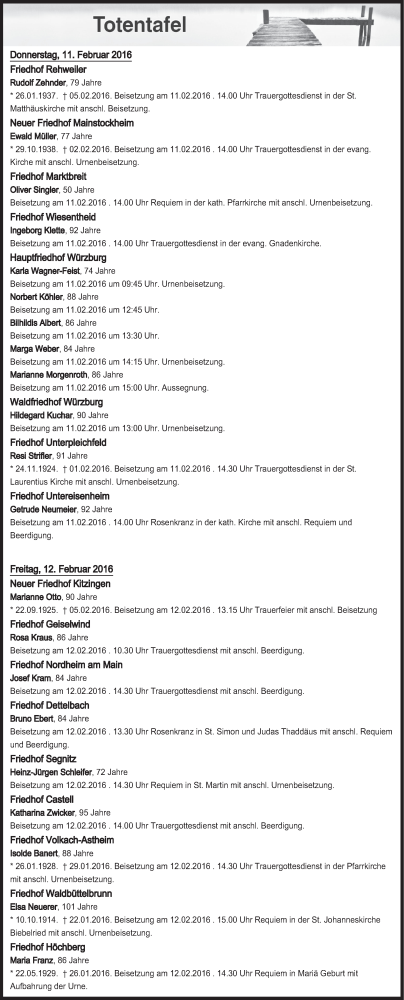  Traueranzeige für Totentafel vom 11.02.2016 vom 11.02.2016 aus MGO