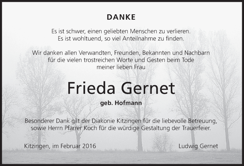  Traueranzeige für Frieda Gernet vom 13.02.2016 aus MGO